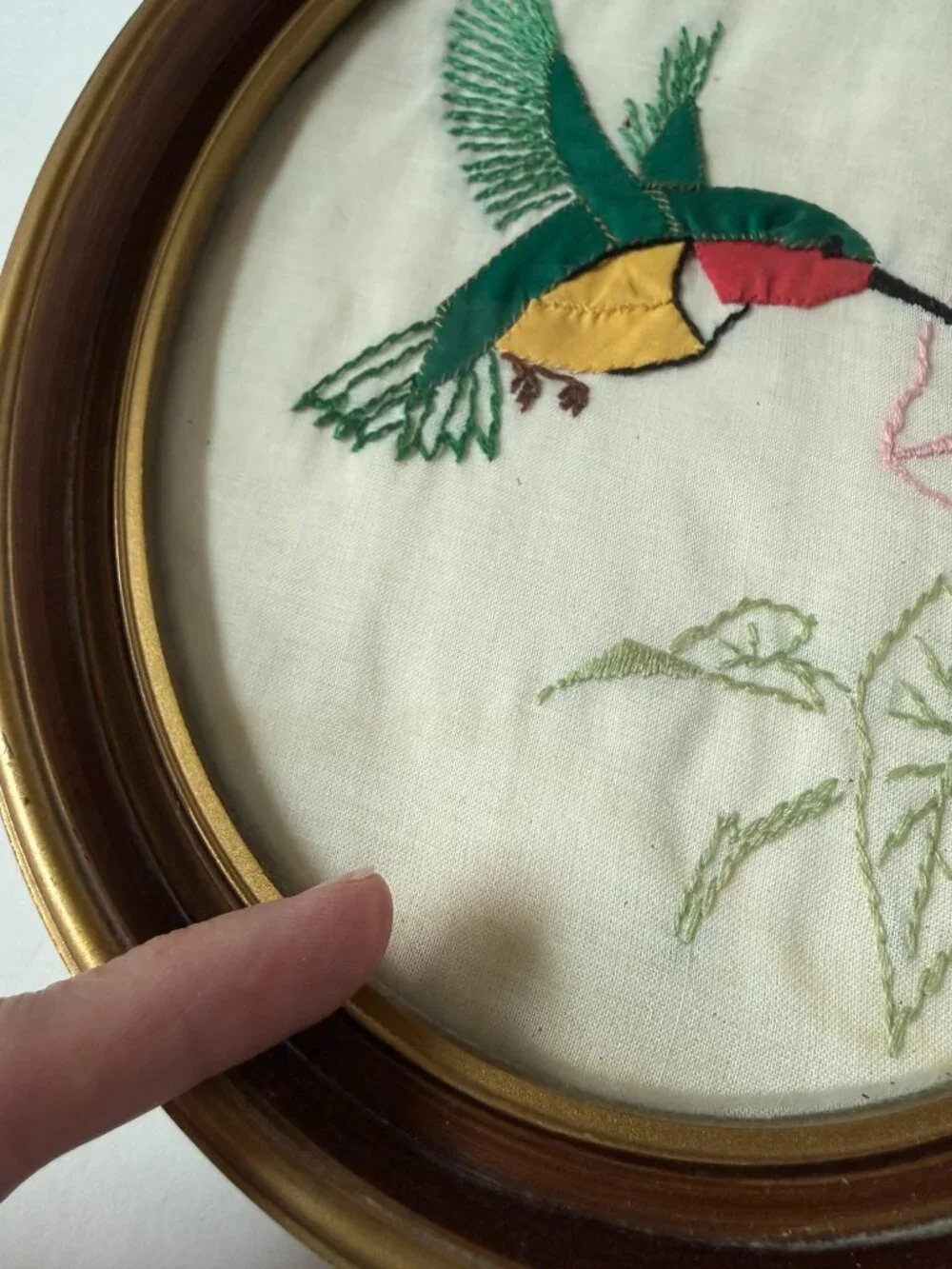 Vintage Embroider Applique Needlepoint Bird Art Wall Decor Hummingbird Goldfinch